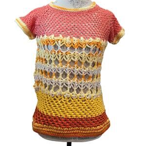 Handmade Crochet Multicolor Granny Square Knit Short Sleeve Shirt